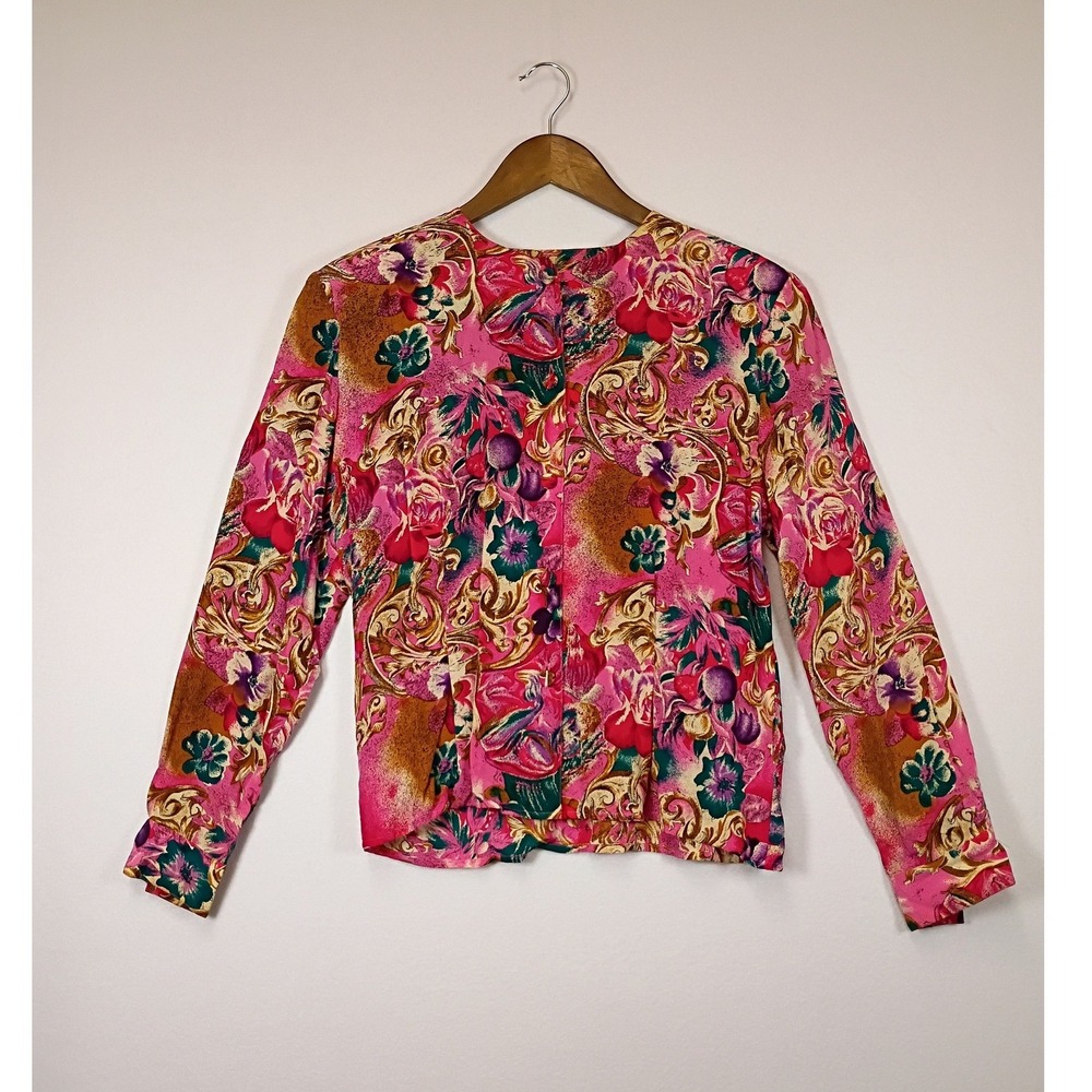 Vintage 90s‎ TESS Women 8 Pink Gold 100% Silk Baroque Floral Button Front Blouse